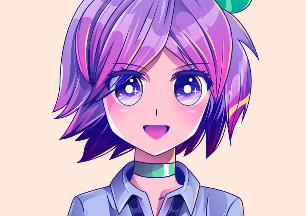 Here Is How You Can Create The Cute Anime Girl Makeup 4 Anime girl with purple hair and big blue eyes smiling.