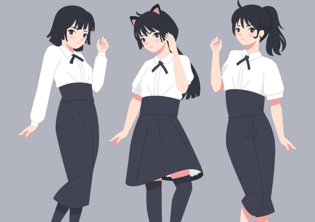 Here Is How You Can Create The Cute Anime Girl Makeup 3 Anime girl in three poses, wearing a school uniform.