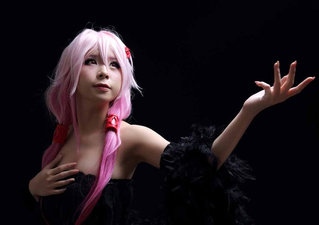 Anime character with pink hair in dramatic pose against dark background