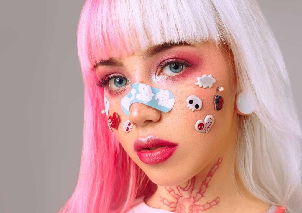 Anime-inspired character with colorful hair and facial decorations